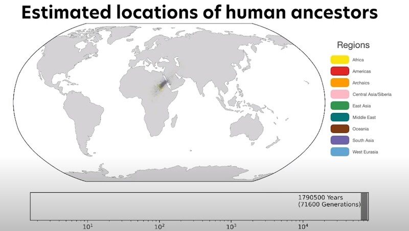 유전자 변이로 추적한 180만년 전 인류의 조상이 살았던 지역. 지금으로부터 약 7만2천세대 전이다. 동영상 갈무리