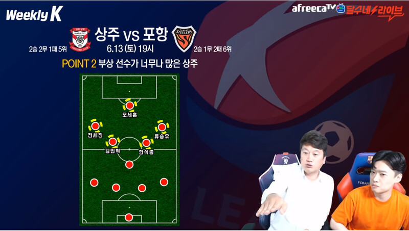 박문성(왼쪽) K리그 해설위원과 리그 프리뷰 중인 안씨. 아프리카TV 갈무리