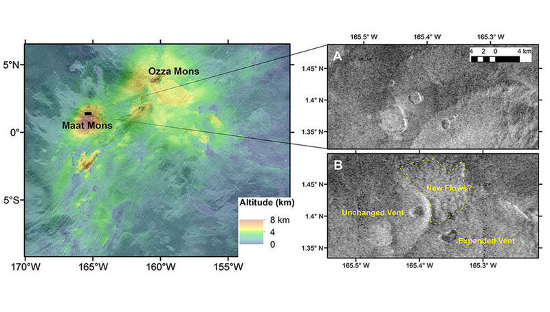 마젤란 탐사선이 촬영한 금성 표면. 왼쪽 `마트 몬스' 화산의 검은색 직사각형이 이번에 화산 활동 증거가 발견된 곳이다(왼쪽). 1991년 2월(A사진)과 10월(B사진) 사이에 ‘마트 몬스’ 정상 북쪽의 활화산 분출구가 커지고 모양도 바뀌었다(오른쪽). 나사 제공