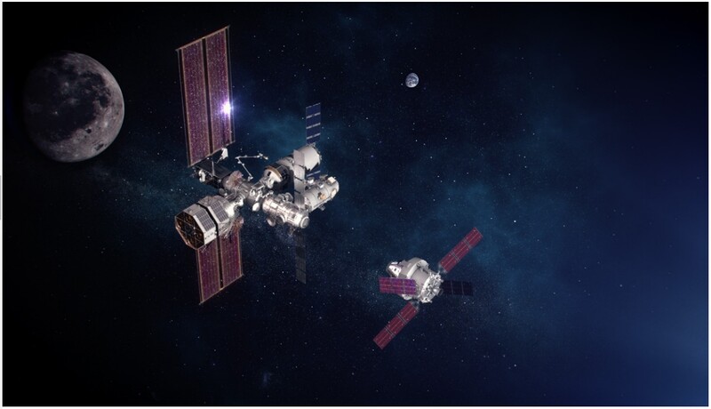 미 항공우주국의 달 궤도 정거장 ‘게이트웨이’에 다가가는 오리온 우주선 상상도. 나사 제공