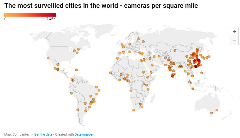 전 세계 주요 도시 면적당 공공 감시카메라 설치 현황을 비교한 지도. 붉은색이 짙을수록 1제곱마일당 공공 감시카메라 설치 수가 많다는 걸 의미한다. 컴패리텍 제공