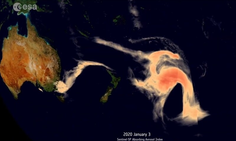 호주 산불에서 발생한 대형 분진이 뉴질랜드를 지나 남태평양을 날아가고 있다. 유럽우주국 제공