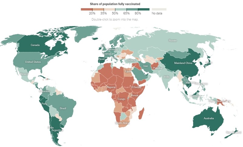 나라별 백신 접종 완료자의 비율. 아프리카와 다른 지역 간의 백신 격차가 크다. 원자료 출처는 ‘월드인데이터’. 그래픽은 뉴욕타임스에서 인용.
