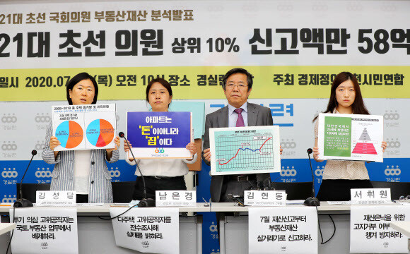 16일 오전 서울 종로구 경제정의실천시민연합에서 관계자들이 21대 초선 국회의원 부동산재산 분석 발표 기자회견을 하고 있다. 연합뉴스.