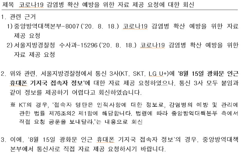 경찰청이 18일 중앙방역대책본부에 보낸 공문. 기지국 접속자 정보 제출 요청을 이통사들이 법 조문 해석을 달리하며 거부했다며 직접 요청하라고 밝히고 있다. ※ 이미지를 누르면 크게 볼 수 있습니다.