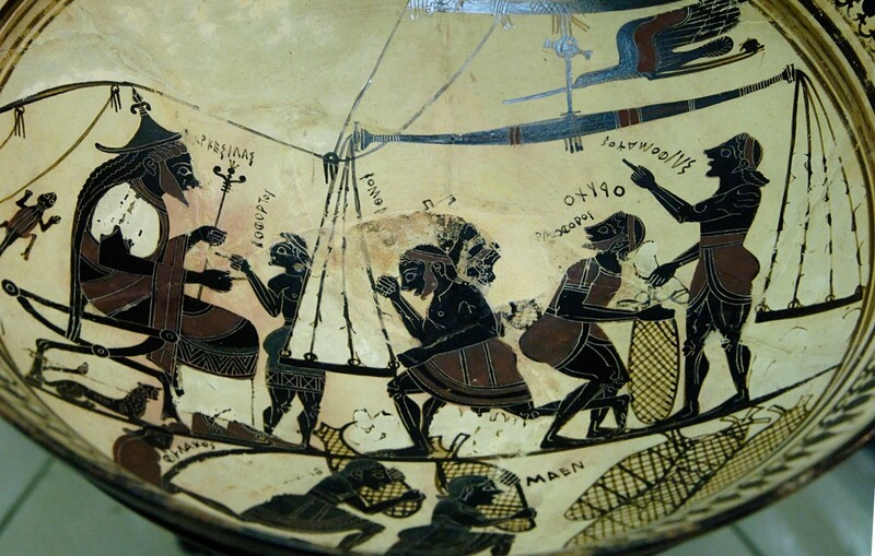 키레나이카의 왕 아르케실라우스 2세가 실피움 포장을 감독하고 있는 모습을 그린 기원전 550년 무렵의 그림. 위키미디어 코먼스