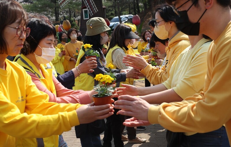 4·16세월호참사 가족협의회 가족들이 25개동 안산시 시민들에게 노란 꽃을 전달하고 있다. 강창광 선임기자