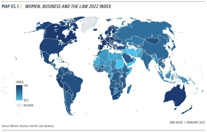 나라별 경제적 권리의 성평등 지수. 파란색이 짙을수록 평등도가 높은 걸 뜻한다. ‘2022 여성의 일과 법’ 보고서 갈무리