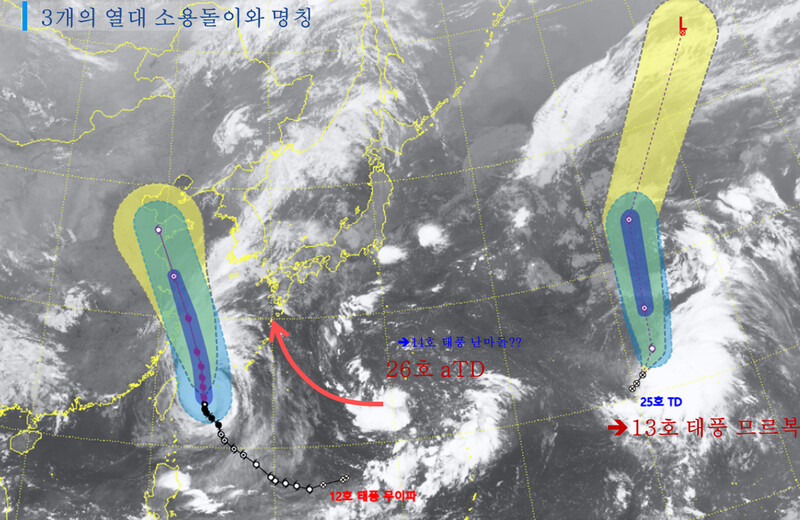 제12·13호 태풍 ‘무이파’와 ‘므르복’ 및 26호 열대저압부 예상 경로. 기상청 제공