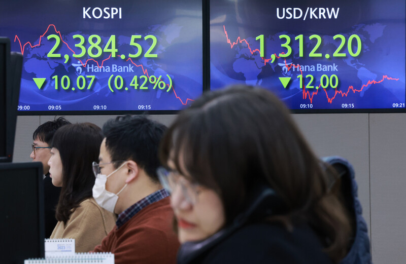 13일 오전 서울 중구 을지로 하나은행 본점 딜링룸 현황판에 코스피, 원-달러 환율이 표시돼 있다. 연합뉴스