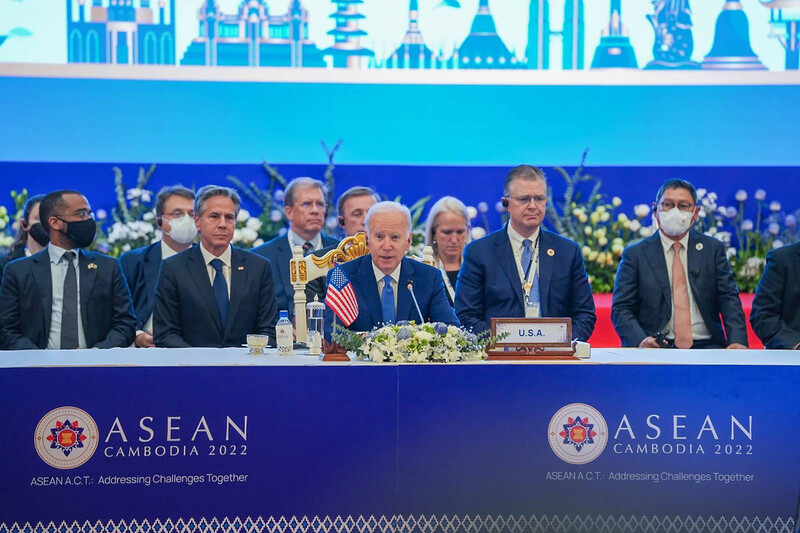 조 바이든 미국 대통령이 12일 아세안(ASEAN) 정상회의에서 발언하고 있다. UPI 연합뉴스