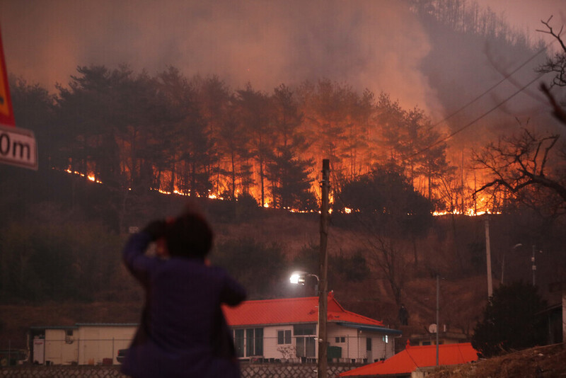 경북 울진과 삼척 일대에 대형 산불이 계속된 지난 5일 저녁 경북 울진군 북면 하당리에서 한 주민이 민가 가까이 다가온 산불을 바라보고 있다. 울진/김태형 기자 xogud555@hani.co.kr