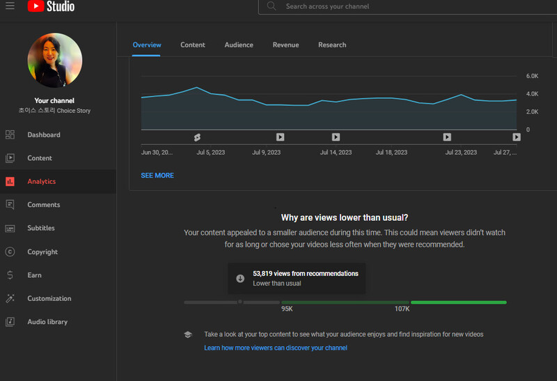 유튜브 ‘초이스 스토리’ 채널의 정보·통계 화면. 영어로 “왜 조회수가 평소보다 낮지?”라는 메시지가 보인다. 필자 제공
