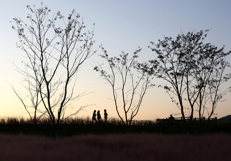 지난달 31일 악양생태공원에서 산책하는 사람들. 김선식 기자