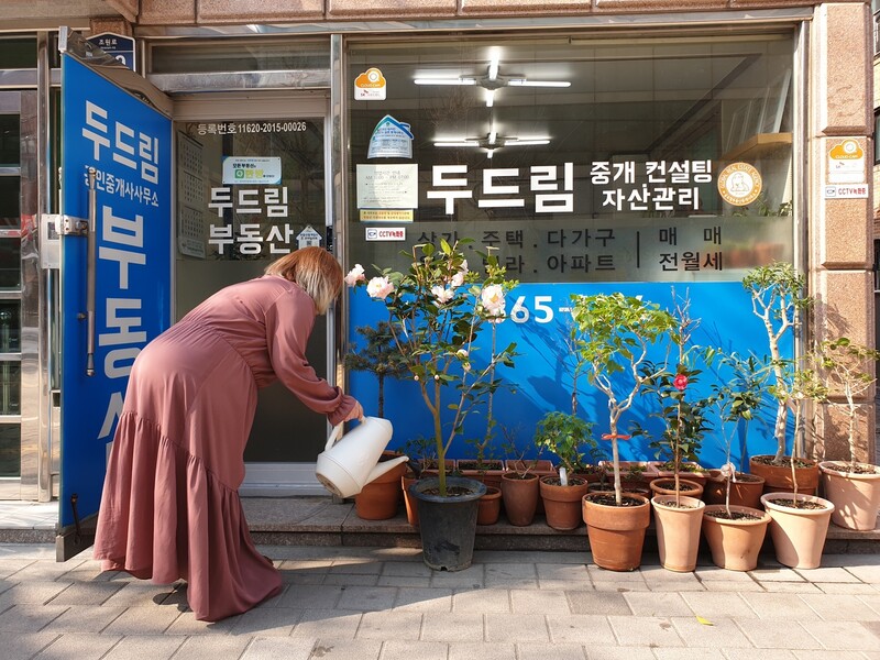 두드림공인중개사사무소를 운영하는 서지유씨가 사무실 앞 식물들을 돌보고 있다. 이정연 기자