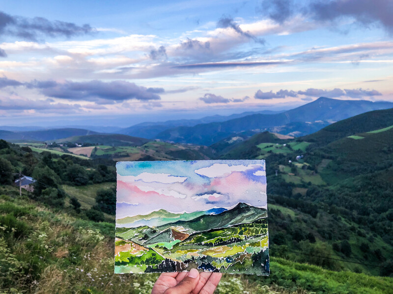 김강은씨가 산티아고 순례길에서 그린 그림. 오 세브레이로 마을의 해 질 녘 풍경. 사진 김강은 제공