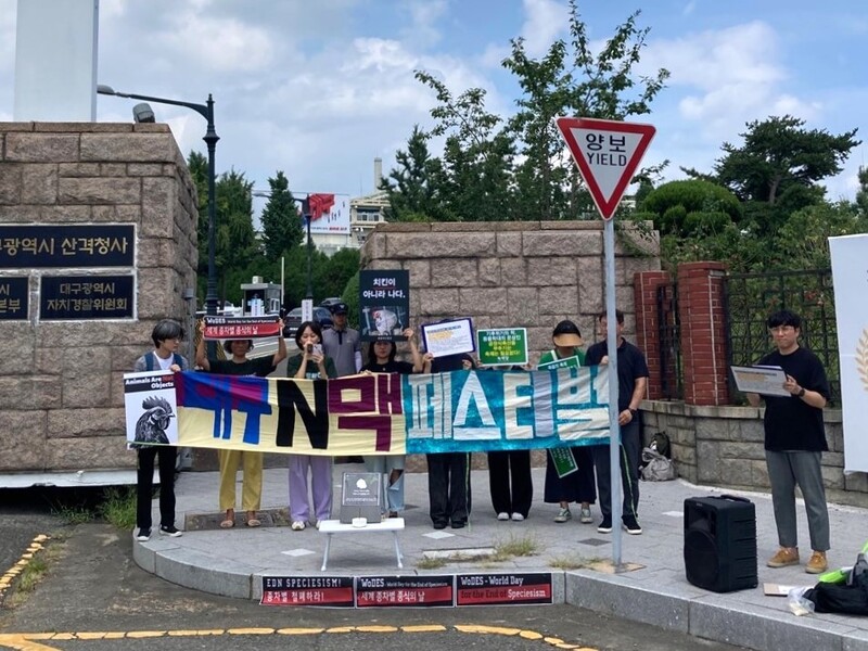 대구동물권행동 비긴 등 27개 단체로 꾸려진 엔(n)맥페스티벌 준비위원회가 지난 23일 대구시청 산격청사 앞에서 ‘제2회 엔맥 페스티벌’ 기자회견을 열고 있다. 엔맥페스티벌 준비위원회 제공