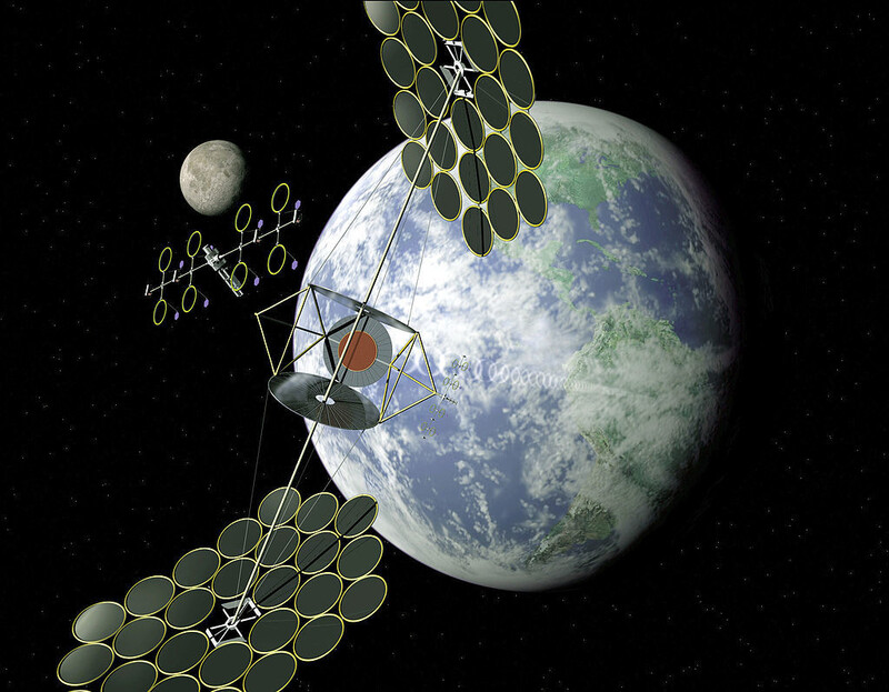 미국항공우주국의 우주태양광발전위성 상상도. 위성 양쪽에 대칭형 집광기가 있는게&nbsp; 특징이다.위키미디어 코먼스