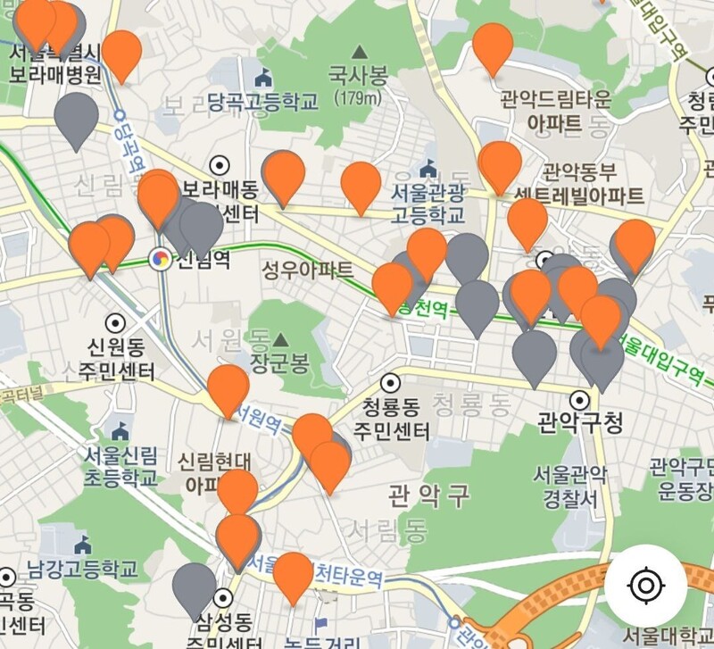 당근마켓이 운영하는 ‘겨울간식지도’. 서울 관악구 신림동 일대의 붕어빵 판매지가 표시돼 있다. 당근마켓 앱 갈무리