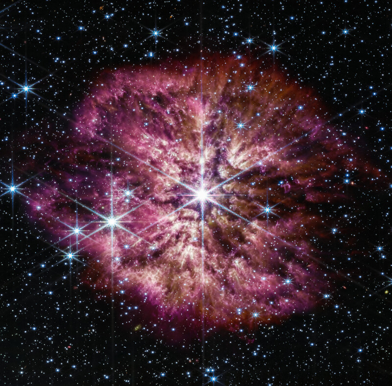 제임스웹우주망원경이 촬영한 1만5천광년 거리의 ‘울프-레이에 124’(Wolf-Rayet 124)별. 나사는 “밝게 빛나는 가스와 먼지 덩어리는 별을 향해 헤엄치는 올챙이처럼 보인다”고 설명했다. 별을 둘러싸고 있는 성운은 약 10광년에 걸쳐 펼쳐져 있다. 미국항공우주국 제공