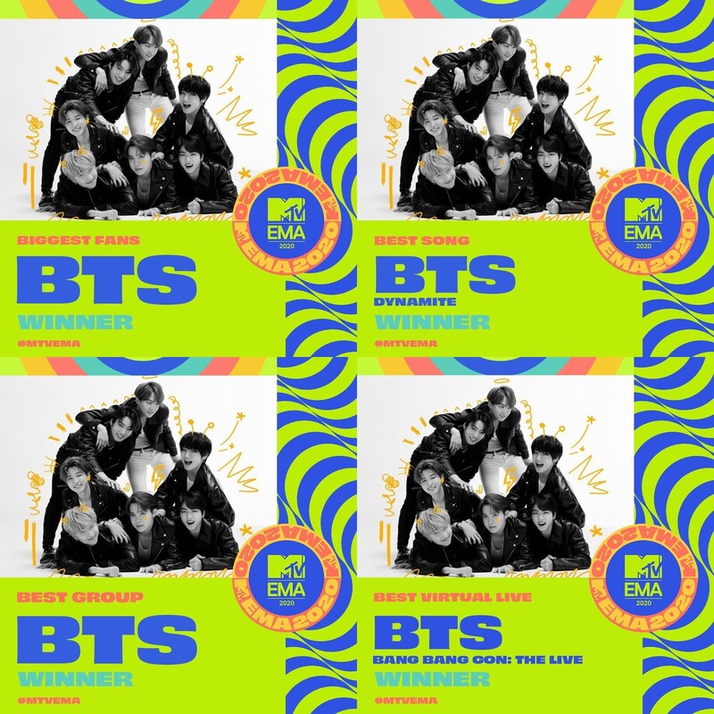 ‘2020 엠티브이(MTV) 유럽 뮤직 어워즈’에서 4관왕에 오른 방탄소년단(BTS). 빅히트엔터테인먼트 제공