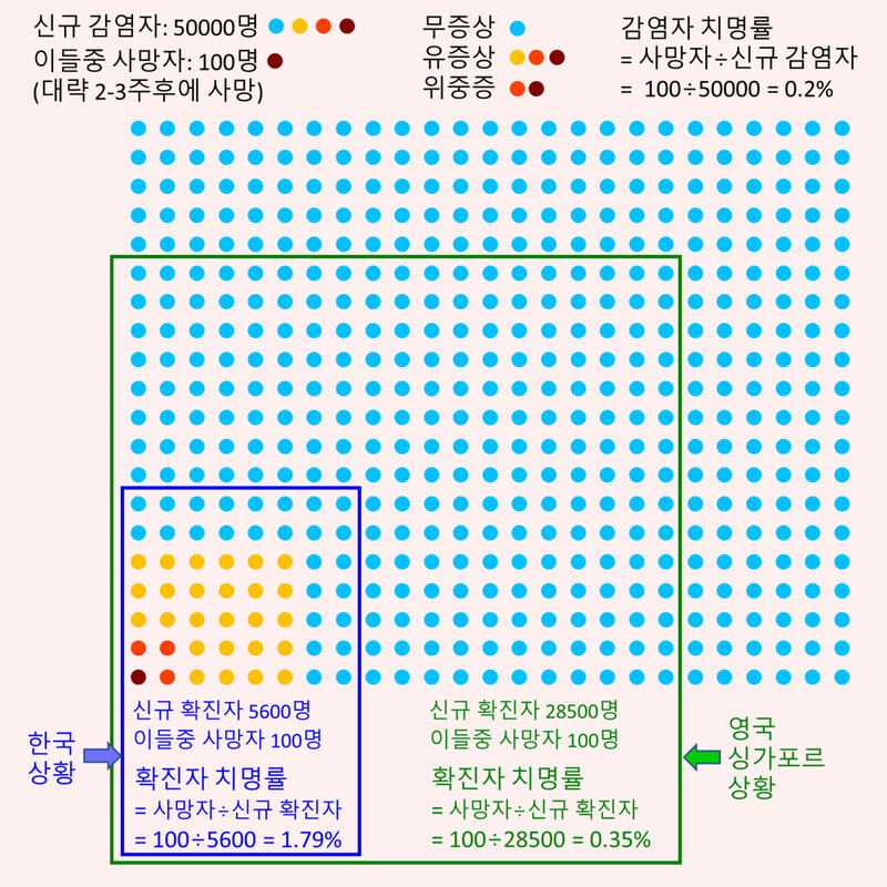 그림 2. 5만명의 감염자가 있고 이들 중 사망자가 100명이 나온다고 했을 때, 한국과 영국이 감염자를 찾아내는 수준을 비교. 감염자를 못 찾아낼수록 치명률은 상승한다.