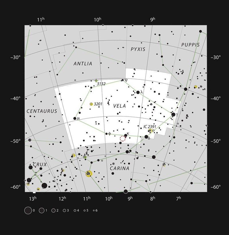 지구 남쪽 하늘의 별자리 ‘돛자리’(VELA) 하단부에 있는 나비성운 ‘NGC 2899’(빨간색 점선 동그라미). 지도에 표시된 크고작은 점들은 맨눈으로 관측할 수 있는 별들이다. 점이 클수록 밝은 별이다. 유럽우주국 제공