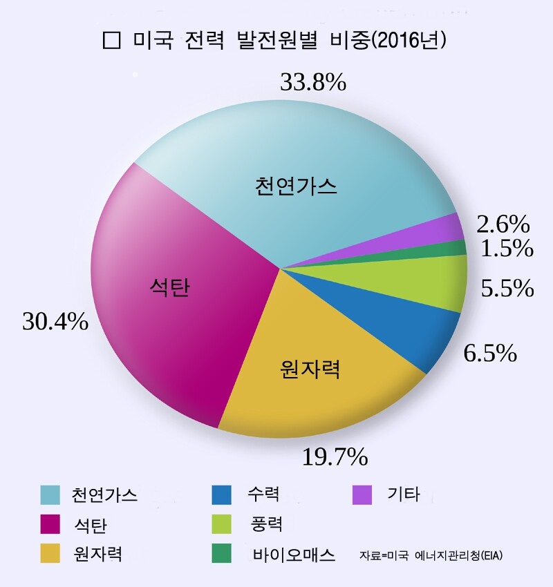 미국 전력 발생원별 비중. 원자료는 미국 에너지관리청(EIA)