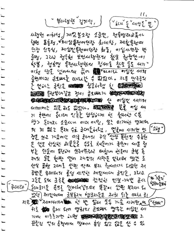 &lt;하얀 저고리&gt; 육필 원고 이미지. 출간이 추진되던 2002년 편집 과정에서 만든 것으로 보이나 실물로는 존재 여부가 확인되지 않는다. 작가는 광주 학살에 책임 있는 “반란 무리” 20여명의 실명과 직책을 원고에 또박또박 새겨넣었다. 유족 제공