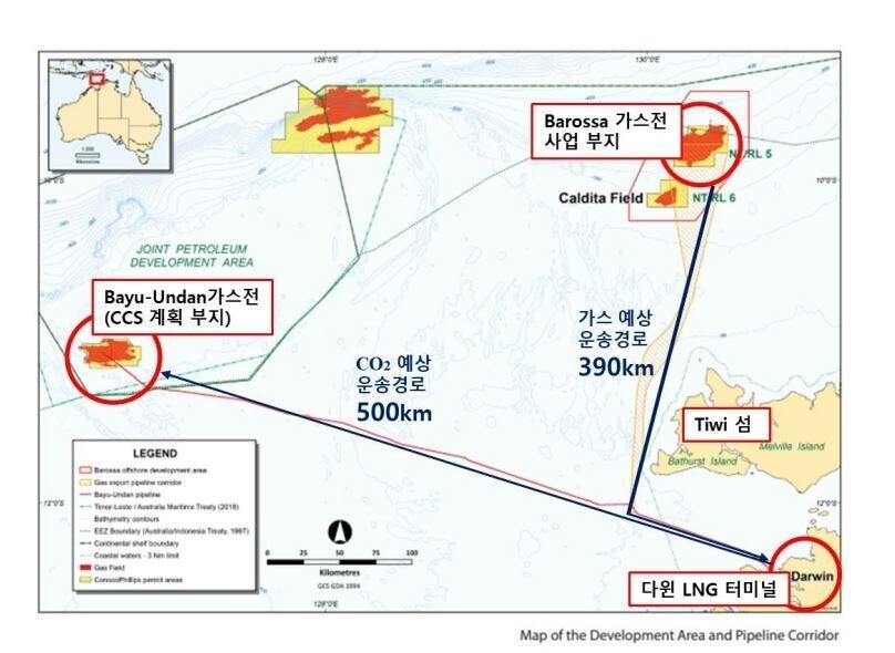 지난해 연말 호주 산토스와 SK E&S 등 칼디타·바로사 가스전 사업자들이 수정 제출한 가스 운송 파이프라인 건설 계획안. 지난달 호주 규제기관은 산토스사가 바로사 가스전에서 다윈 엘엔지 터미널까지의 가스관 건설계획 인허가 신청을 철회했다고 밝혔다. 이에 에스케이이엔에스는 “같은 안을 새로 다시 올리라는 제안을 받은 것”이라고 해명했다. 에스케이이엔에스 제공