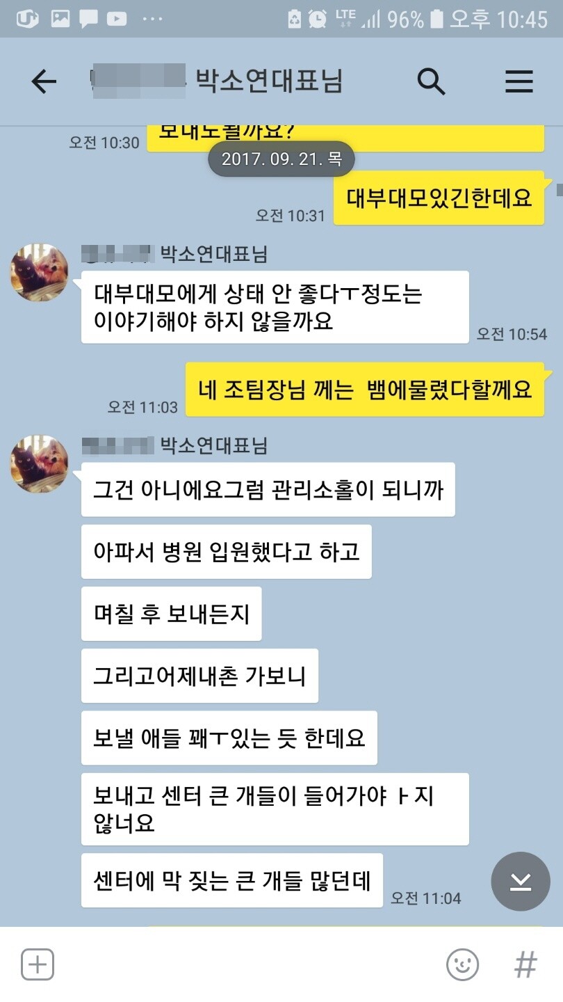 ㄱ씨가 제공한 카카오톡 대화. 박 대표가 안락사를 은폐하기 위해 다른 방법을 찾았다고 한다.