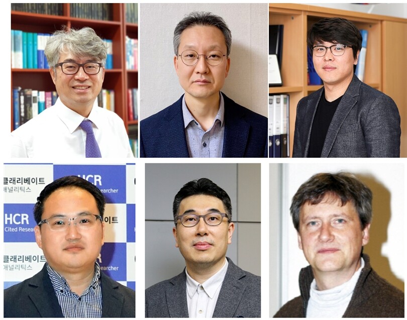 상단 왼쪽부터 화학과 김종승 교수, 화학과 우한영 교수, 건축사회환경공학부 노준홍 교수. 하단 왼쪽부터 전기전자공학부 안춘기 교수, 환경생태공학부 옥용식 교수, 인공지능학과 Klaus-Robert Müller 교수. 고려대 제공