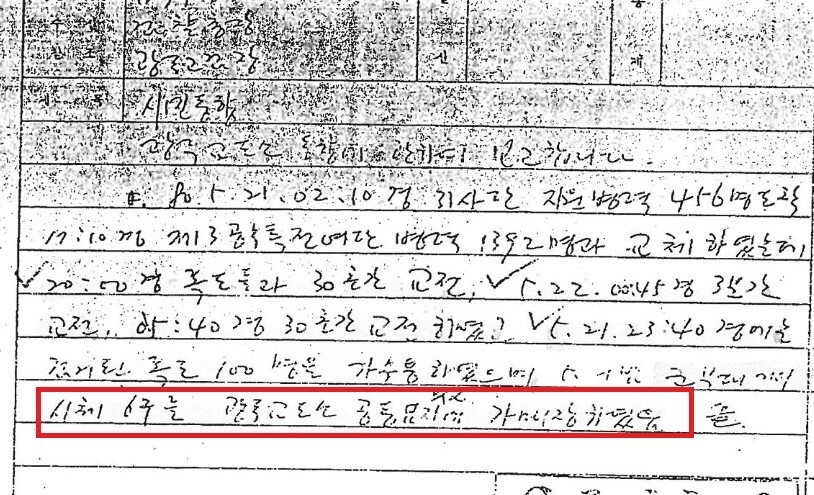 5·18민주화운동 당시 광주고검장이 검찰총장에게 보고한 광주 동향. 1980년 5월21일 군부대가 주검 6구를 가매장했다고 나와 있다.