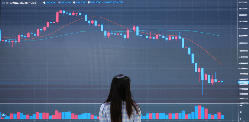 한국산 가상자산 루나와 테라USD(UST)의 폭락으로 전 세계 가상자산 약세장이 지속되고 있는 18일 서울 서초구 빗썸 고객센터 전광판에 비트코인 차트가 띄워져 있다. 연합뉴스