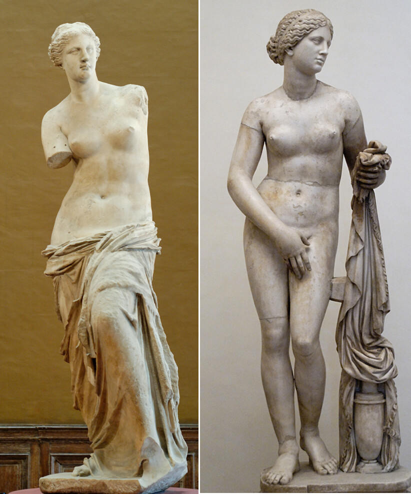 ‘밀로의 비너스’(왼쪽)와 ‘크니도스의 아프로디테’. 위키미디어커머스 제공