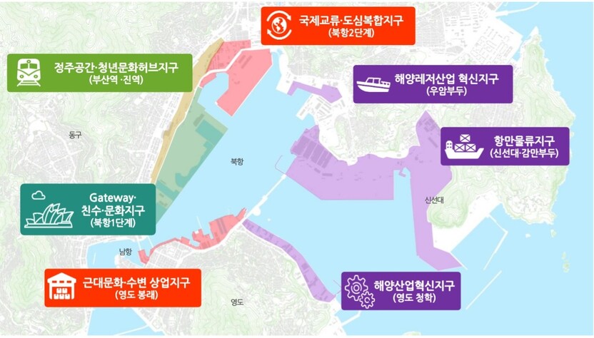 부산항 북항 마스터플랜의 7개 특화단지 개발 계획도. 해양수산부 제공