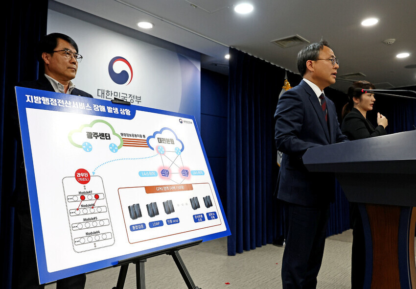 지난 25일 오후 정부서울청사에서 열린 지방행정전산서비스 장애 원인 및 향후 대책 브리핑에서 고기동 행정안전부 차관이 발표를 하고 있다. 연합뉴스