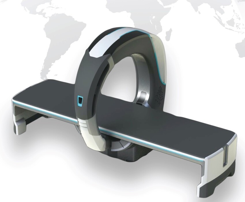 나녹스가 개발해 미국식품의약국(FDA) 승인 절차를 밟고 있는 디지털 방식 엑스-레이 촬영 장비 ‘나녹스 아크’. 가운데 원 모양의 장치에 디지털 방사선을 발사하는 반도체 모듈이 설치돼 있다. 촬영 결과는 이동통신 기반 클라우드 서버로 전송돼 뒤처리 과정을 거치도록 설계돼 있다. 에스케이텔레콤 제공