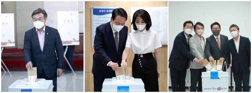 27일 사전투표에 나선 여야 지도부와 윤석열 대통령 부부. 왼쪽부터 윤호중 더불어민주당 공동비상대책위원장, 윤 대통령과 김건희 여사, 김진태 국민의힘 강원지사 후보(왼쪽 두번째)와 권성동 국민의힘 원내대표(왼쪽 세번째). 사진 연합뉴스·공동취재사진