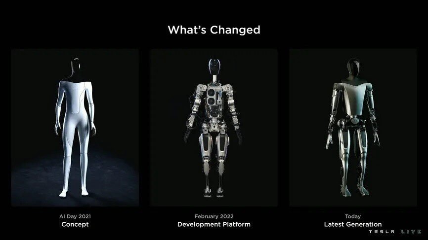 2021년 발표한 휴머노이드 로봇 옵티머스 개념도(왼쪽)와 올해 2월에 개발한 최초의 시제품(가운데), 자체 제작한 액추에이터를 적용한 최신 시제품(오른쪽). 테슬라 제공