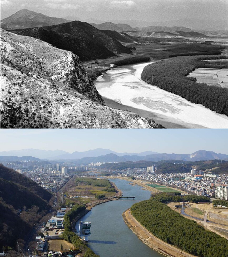 울산 태화강과 십리대숲의 1960년대(위)와 2010년대 모습