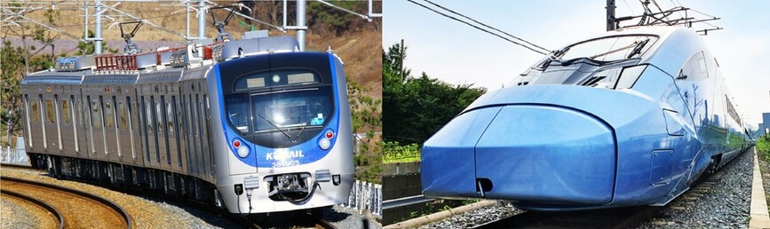 내년 2월 개통하는 ‘부전-마산 복선전철’에 운행할 것으로 검토되는 전동열차(왼쪽)와 준고속열차. 경남도 제공