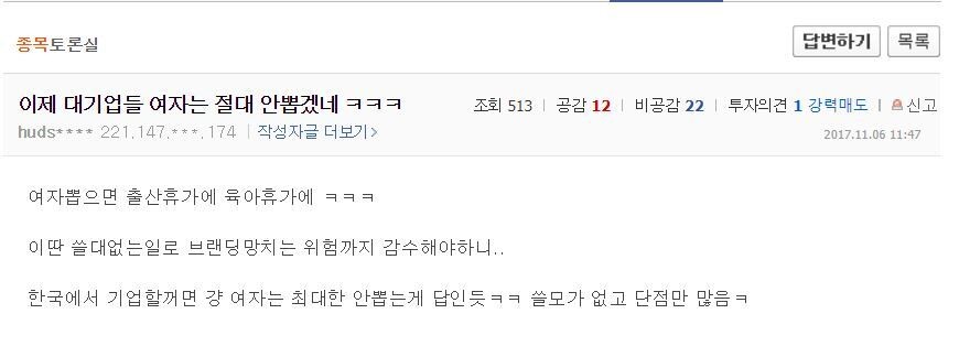 네이버 ‘금융’ 내 한샘 게시판 갈무리