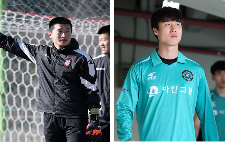 상주 상무의 골키퍼 이창근(왼쪽)과 2부 안산의 수비수 이창훈 형제. 한국프로축구연맹 제공