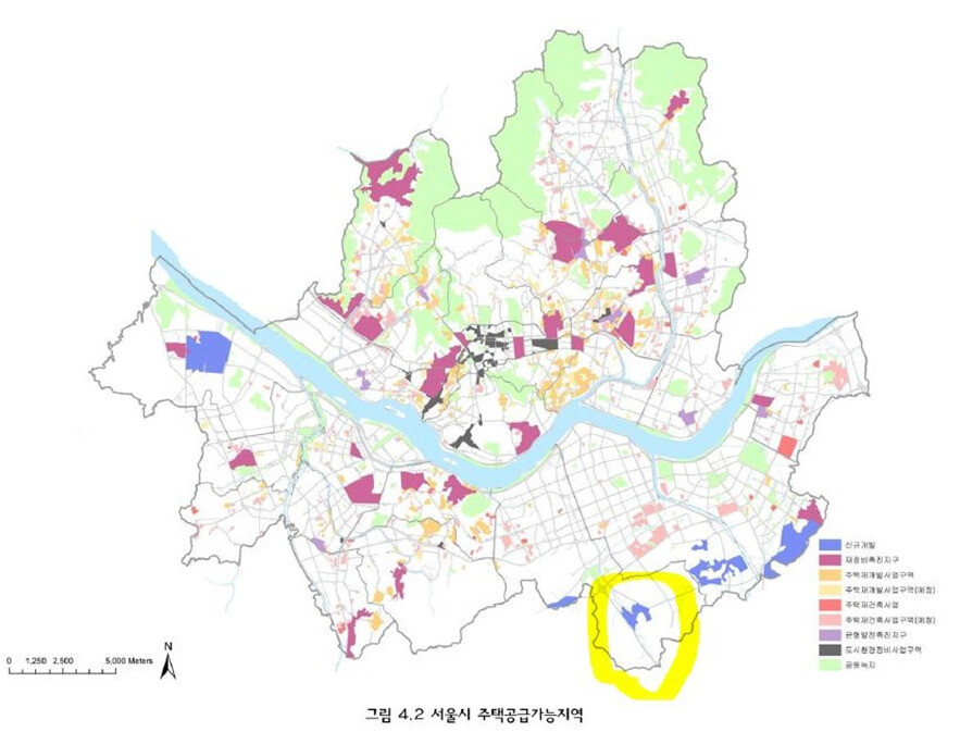 당시 서울시가 발표한 ‘주택계획’ 중 노랗게 동그라미 그려진 부분이 오세훈 후보의 처가가 소유한 서울 내곡동 땅. 김영배 의원실 제공