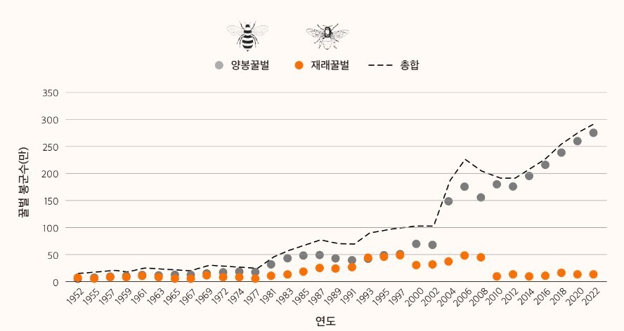 우리나라 양봉꿀벌(회색점)과 재래꿀벌(주황색) 개체 수 변화 추이. 그린피스 제공 ※ 이미지를 누르면 크게 볼 수 있습니다.