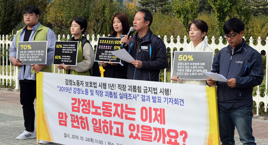 감정노동전국네트워크 회원들이 24일 오전 국회 앞에서 기자회견을 열고 감정노동자 보호법 시행 1년을 맞아 실시한 실태조사 결과를 발표하고 있다. 김경호 선임기자 jijae@hani.co.kr