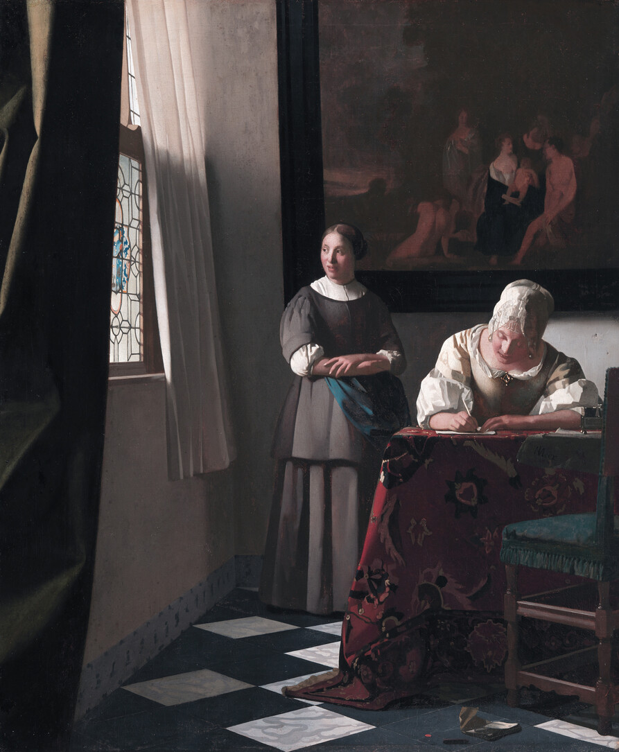 편지를 쓰고, 편지를 받는 여인들의 모습을 많이 그린 페르메이르의 작품, &lt;하녀와 함께 편지를 쓰는 여인&gt;(1670~1671).