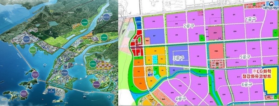 왼쪽 사진의 왼쪽 위가 새만금  산단이 들어설 위치이다. 오른쪽 사진은 새만금 산단 6공구에 들어설 이차전지 소재 제조시설 공장 위치도. 전북도·새만금개발청 제공