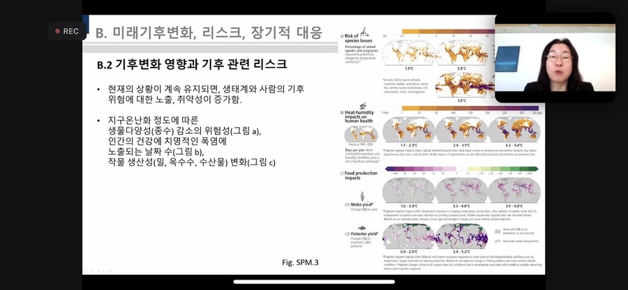 스위스 인터라켄에서 열린 IPCC 총회에 참석한 이미선 기상청 기후과학국장이 20일 오전(현지시각) 줌을 통해 한국 기자들과 질의응답 시간을 갖고 있다. 줌 갈무리